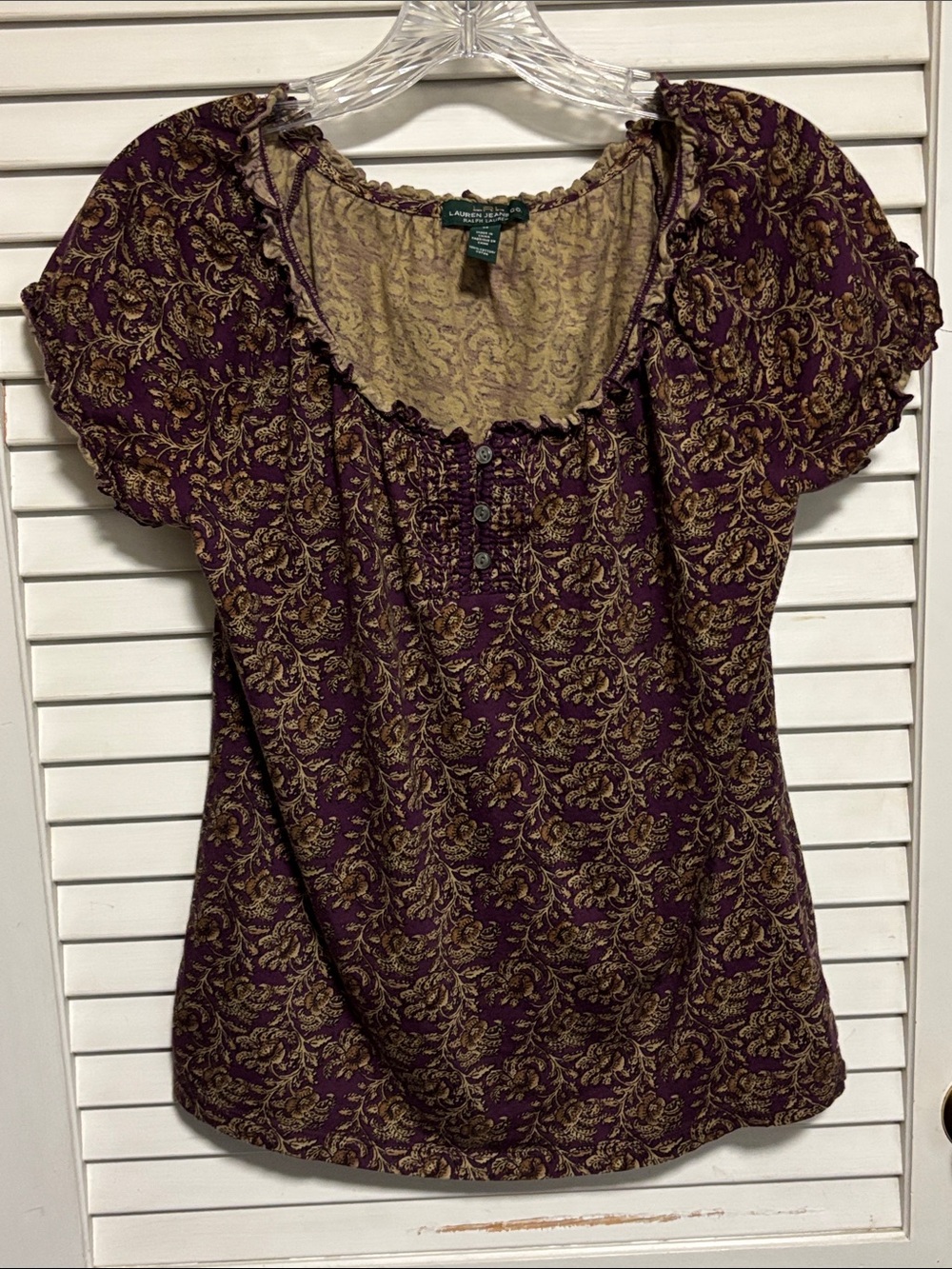 Ralph Lauren Plum Puff Sleeve Scoop-Neck Top with Gold Print